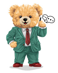 Teddy bear in suit holding phone with chat