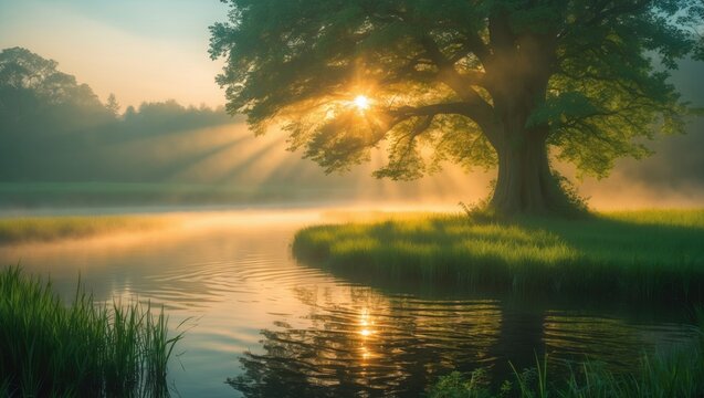 Breathtaking fog-laden river with lush green grass illuminated by sunlight. Rays of sun shine through the trees. Vivid colorful scenery. Seret river, Ternopil. Ukraine, Europe. World of beauty.