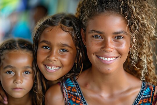 Foster mother smiling with two adopted daughters, celebrating national adoption month