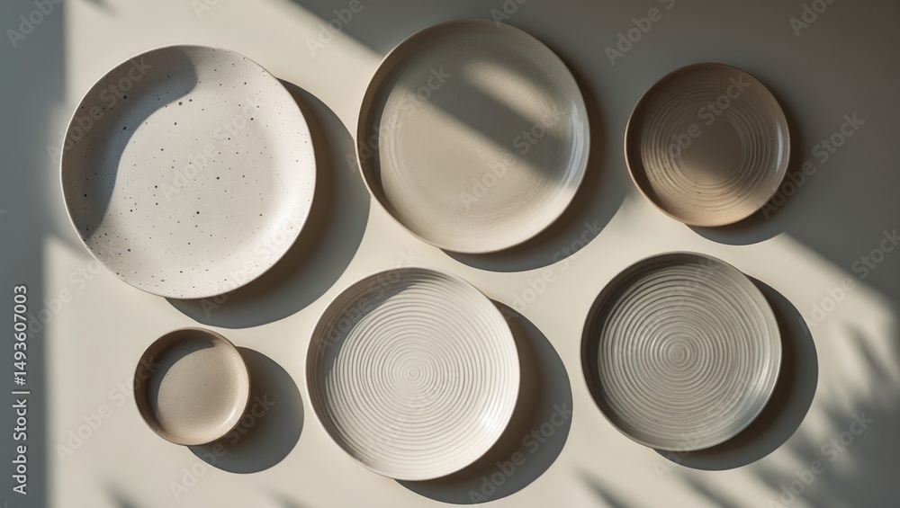 Poster diverse sizes and shapes of plates on a table background under sunlight, with shadows. neutral still