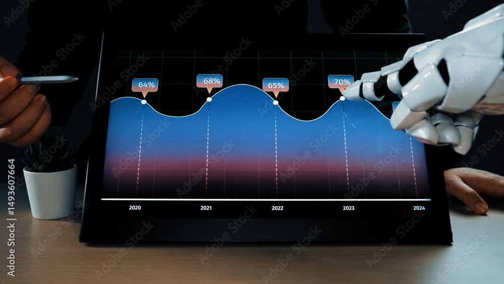 Poster a robotic hand interacts with a digital screen displaying data trends. the image captures the essenc