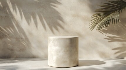 Neutral colored cylindrical podium against a sunlit wall.