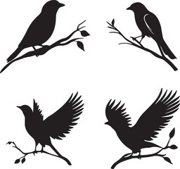 This artwork is digitally enhanced using AI and manually edited for quality. A set of four bird silhouettes perched on tree branches.