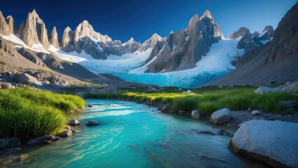 Naklejka premium Robust mountains and the blue stream from melting glaciers.
