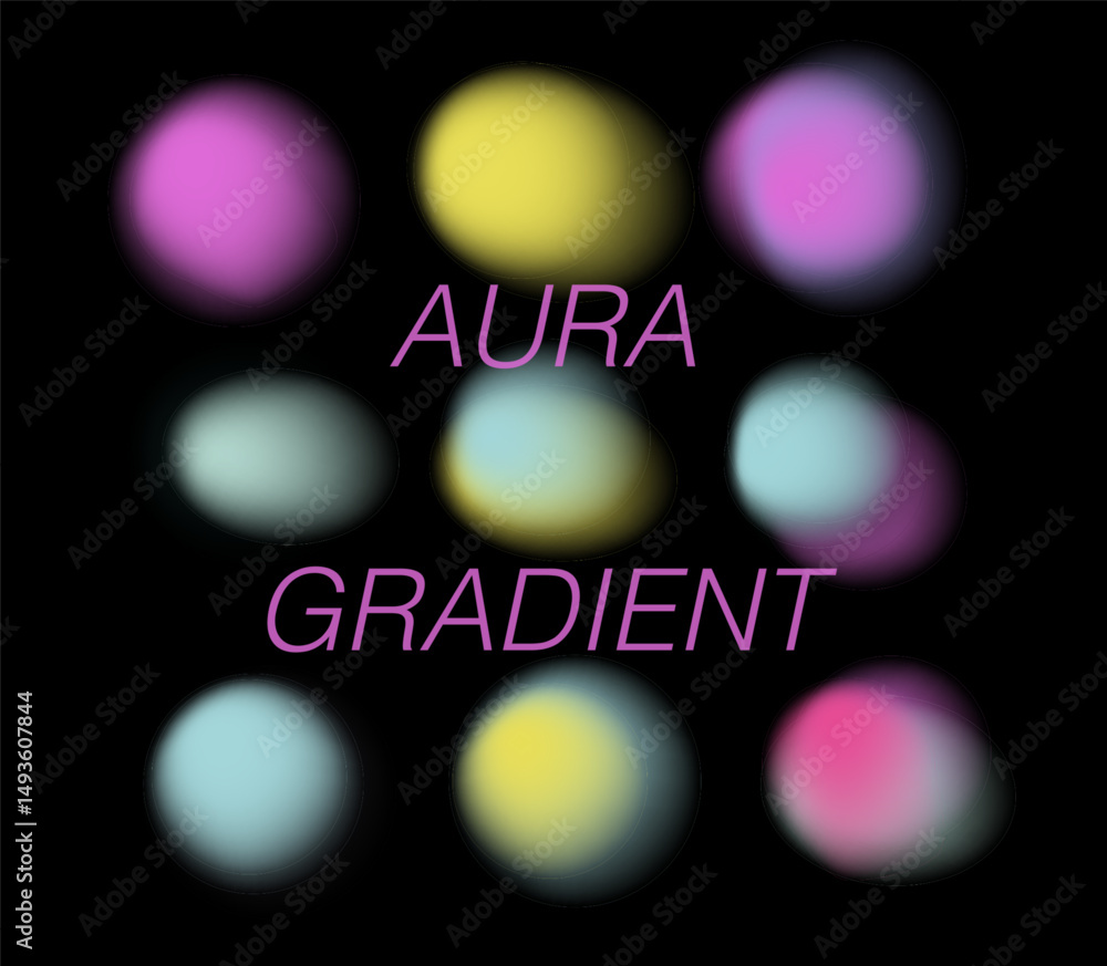 Poster vector illustration features colorful aura gradient blobs with soft neon glow, on a black background