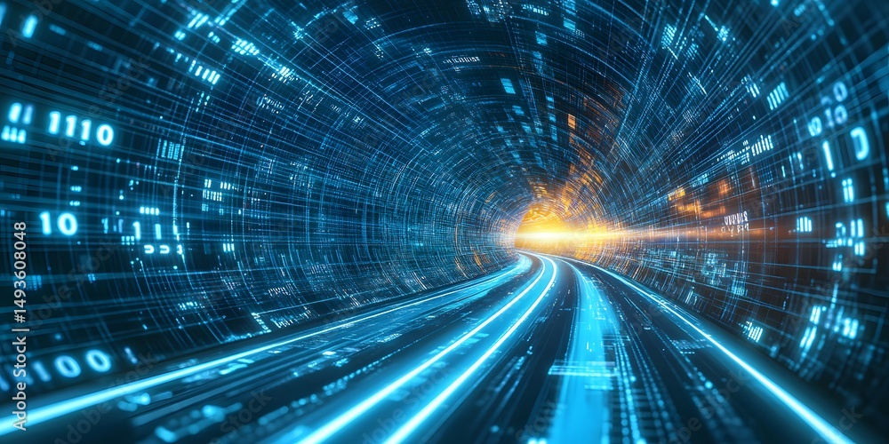 Poster digital tunnel with glowing pathways and codes.