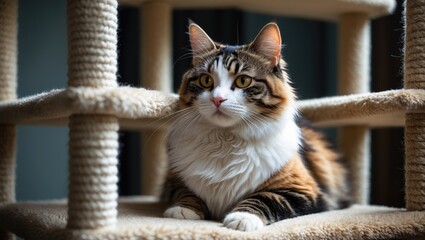 Lovely domestic tricolor feline with yellow eyes resting on a cat tree indoors, looking off. Close-up.