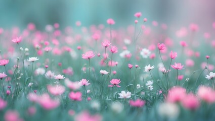 Fototapeta premium Tiny pink grass meadow filled with blossoms, Abstract nature background of spring