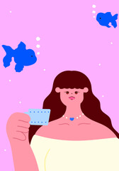woman holding a cup of tea with swimming fish and bubbles in the background, spa and natural healing concept illustration