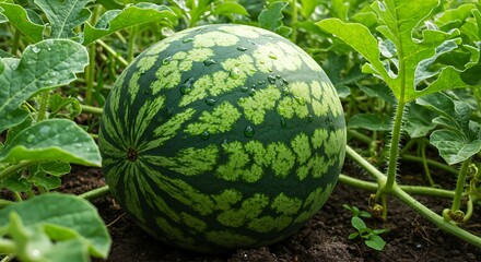 Ripe Watermelon Resting on Lush Green Soil, Ready to Be Harvested for Summer Refreshment

