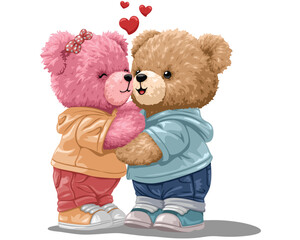 Two teddy bears hugging with floating red hearts