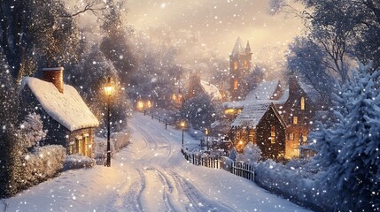 Snowy winter village scene under falling snow.