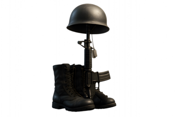 Solemn Tribute: Ultra-Realistic Combat Boots, Rifle, Helmet, and Dog Tags – Memorial Day and Veteran Remembrance Art 
