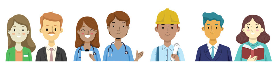 Various professions in flat cartoon style illustration