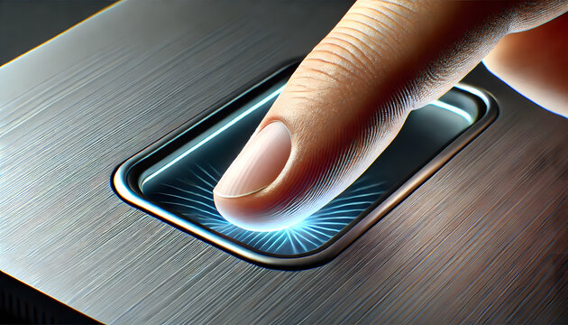 Futuristic panel with glowing pad pressed by hand under controlled lighting in tech lab interface with ambient lighting and secure futuristic interface for financial identity verificati