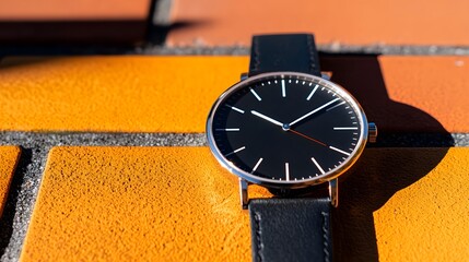 Black Minimalist Wristwatch on Orange Brick Surface
