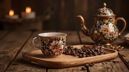 Warm Cup of Coffee on a Wooden Tray, Surrounded by Roasted Beans and a Floral Teapot

