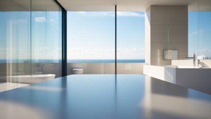 Fototapeta premium The backdrop of the table top and bathroom illumination is concealed, showcasing large windows.