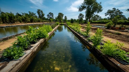 Fototapeta premium Sustainable aquaponics setup open agricultural field using natural water recycling and zero synthetic pesticide application