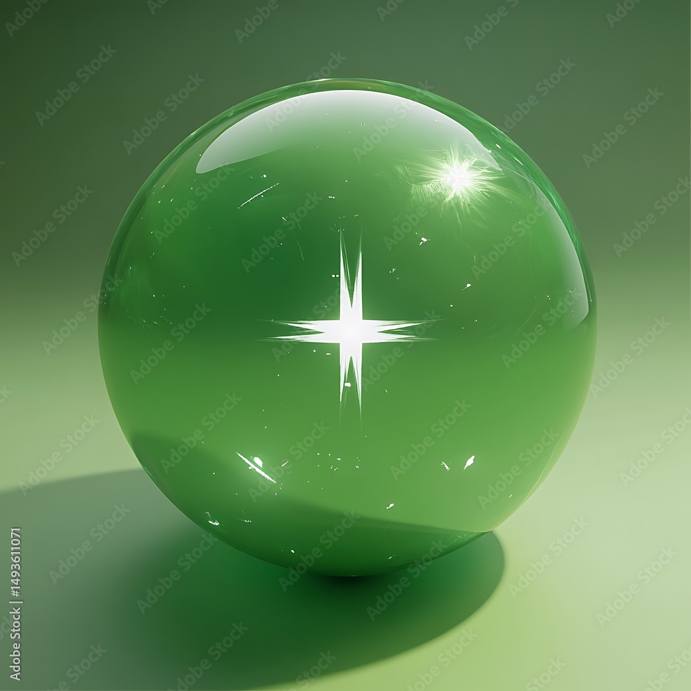 Poster glossy green orb with sparkle, 3d rendered spherical object on a light green background, generative 