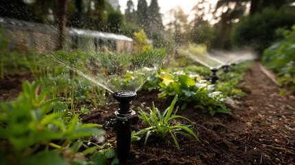 Sustainable garden irrigation system using minimal water close view of nozzles wide layout of drought tolerant landscaping