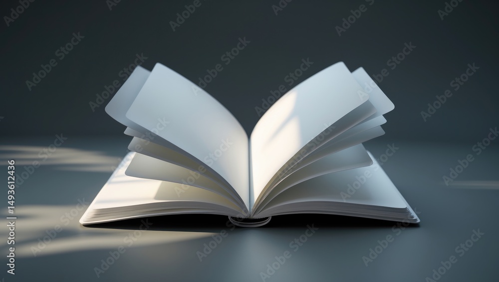 Poster isolated mockup of a white notebook with clean pages for sketching, set against a shadowy backdrop, 
