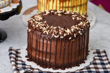 Assorted Gourmet Cakes including Caramel Fig, Pistachio Caramel, and Chocolate cake isolated on napkin closeup side view of assortment of elegant desserts