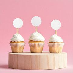 Three cupcakes with white frosting and round blank paper toppers on wooden pedestal