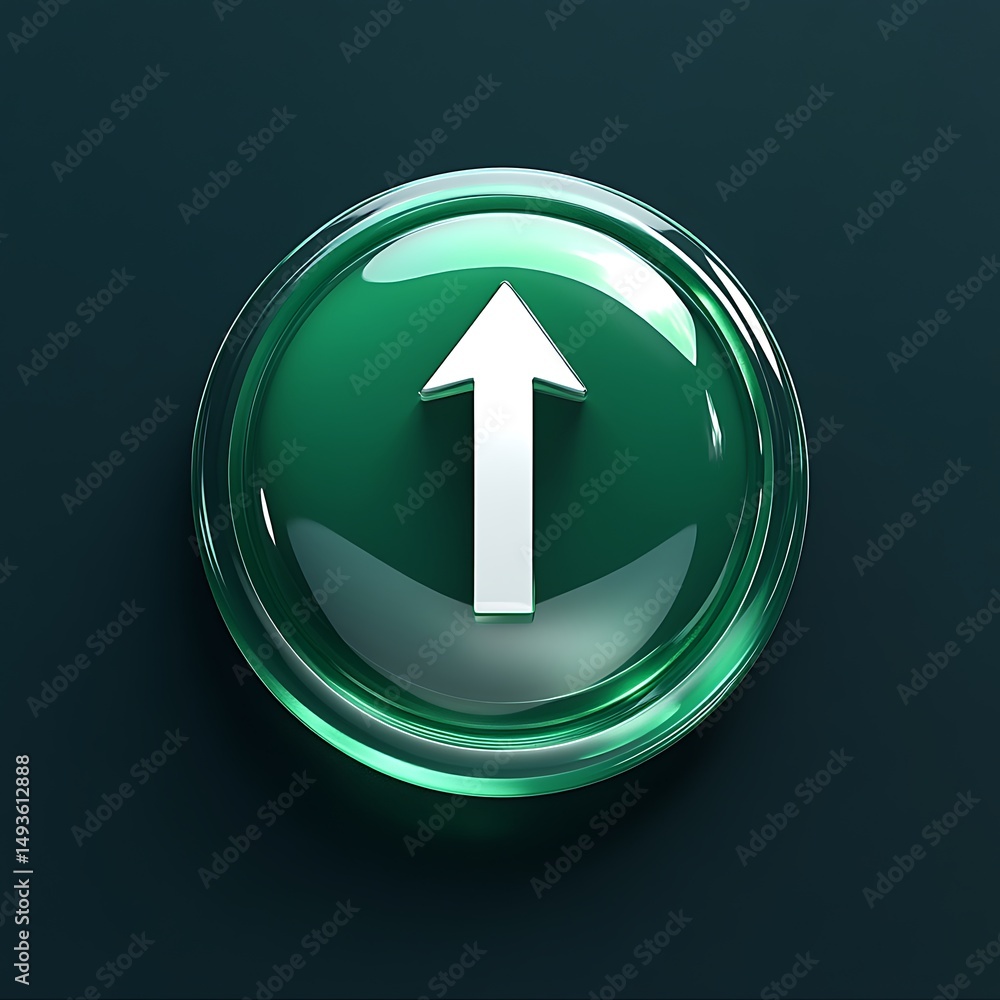 Poster green glass button with white upward arrow: modern interface element for directional guidance and na