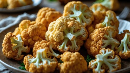 Plated fried cauliflower in batter, close view