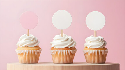 Three cupcakes with swirl frosting and blank round toppers on pink background
