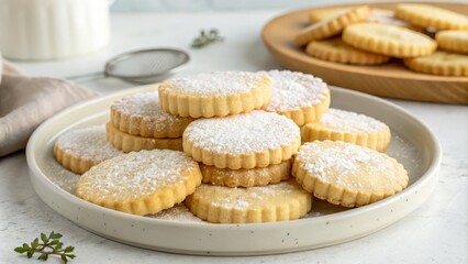 Powdered Sugar Cookies Stacked on Plate, Dessert ,Pastry