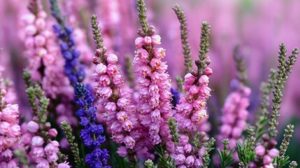 Obraz premium Pretty pink and purple heather flowers are blooming in fields at Veluwe Zuiderheide park in the Netherlands. 