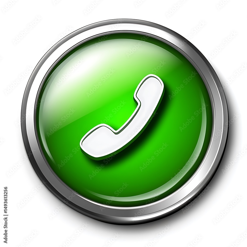 Poster green round button with a white telephone receiver icon for communication and connection visual desi