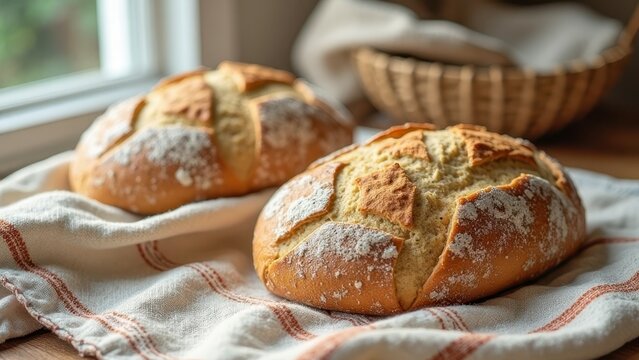 Freshly baked rustic artisan bread loaves on kitchen towel by sunny window