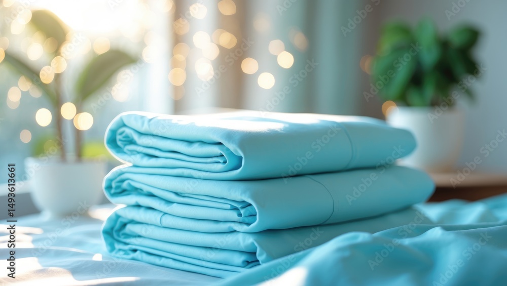Poster intimate shot of spotless bedding against a blurred setting. a stack of freshly folded bed sheets on