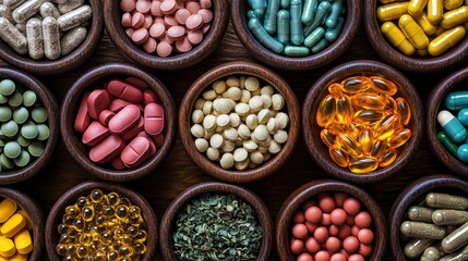 Variety of pills and capsules in wooden bowls. Dietary supplements.