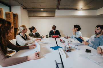 Obraz premium A group of people participates in a team meeting in a modern office setting, discussing strategies and sharing ideas. The atmosphere promotes collaboration and teamwork.