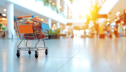 Shopping cart filled with produce in a modern grocery store