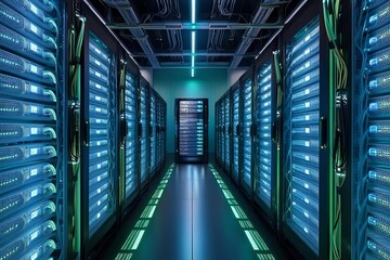 A long server room aisle with glowing blue lights and many server racks visible