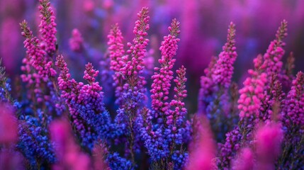 Purple and pink heather flowers are blooming in the heather fields of Veluwe Zuiderheide park in the Netherlands.
