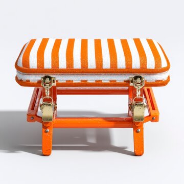 A small bench or stool with an orange-striped cushion and metallic clasps, featuring a modern, creative design.