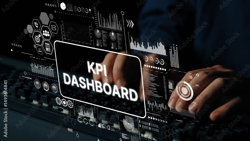 Poster Hands on Keyboard with KPI Dashboard Displaying Analytics and Visual Data Insights in Modern Digital Workspace Environment. Asymptotic smart data analytic.