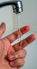 Hand under water from a faucet with a scratch on the finger  