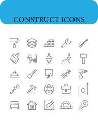 Construction and tools line editable icon set. Build, house repair tools, engineering, builder icon.