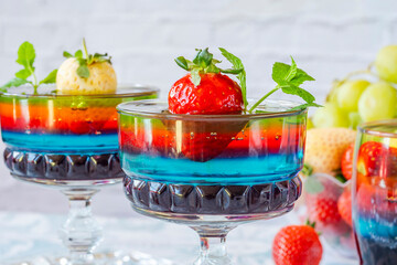 Homemade layered rainbow fruit jelly with fresh fruit