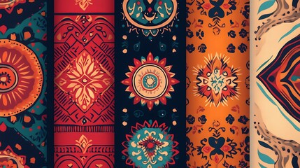 Vibrant textile designs with intricate patterns and rich colors.