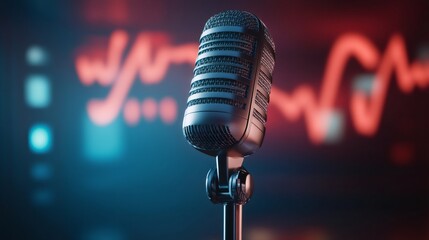 Vintage microphone broadcasting breaking news with stock market charts displayed on screen