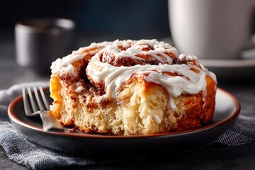 close-up of a freshly baked cinnamon roll,  drizzled with creamy white frosting, served on a rustic dark plate. an inviting scene for breakfast or dessert themes.