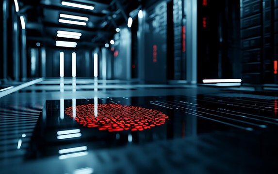 Futuristic server room with fingerprint